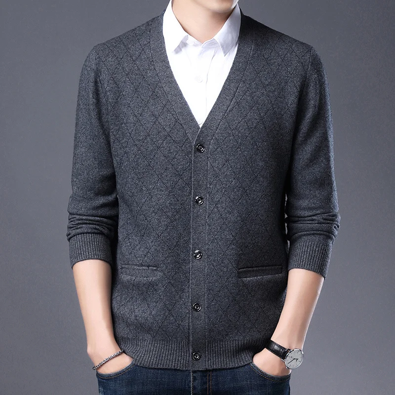 cardigan Men's 100% pure wool autumn and winter thickened casual V-neck diamond jacquard knitted sweater