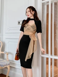 Mesh Spliced Summer Women Midi Dress Elegant Retro O-neck Hollow Bandage Bow Short Sleeve Slim Slit Wrap Hip Robe Vestidos Mujer