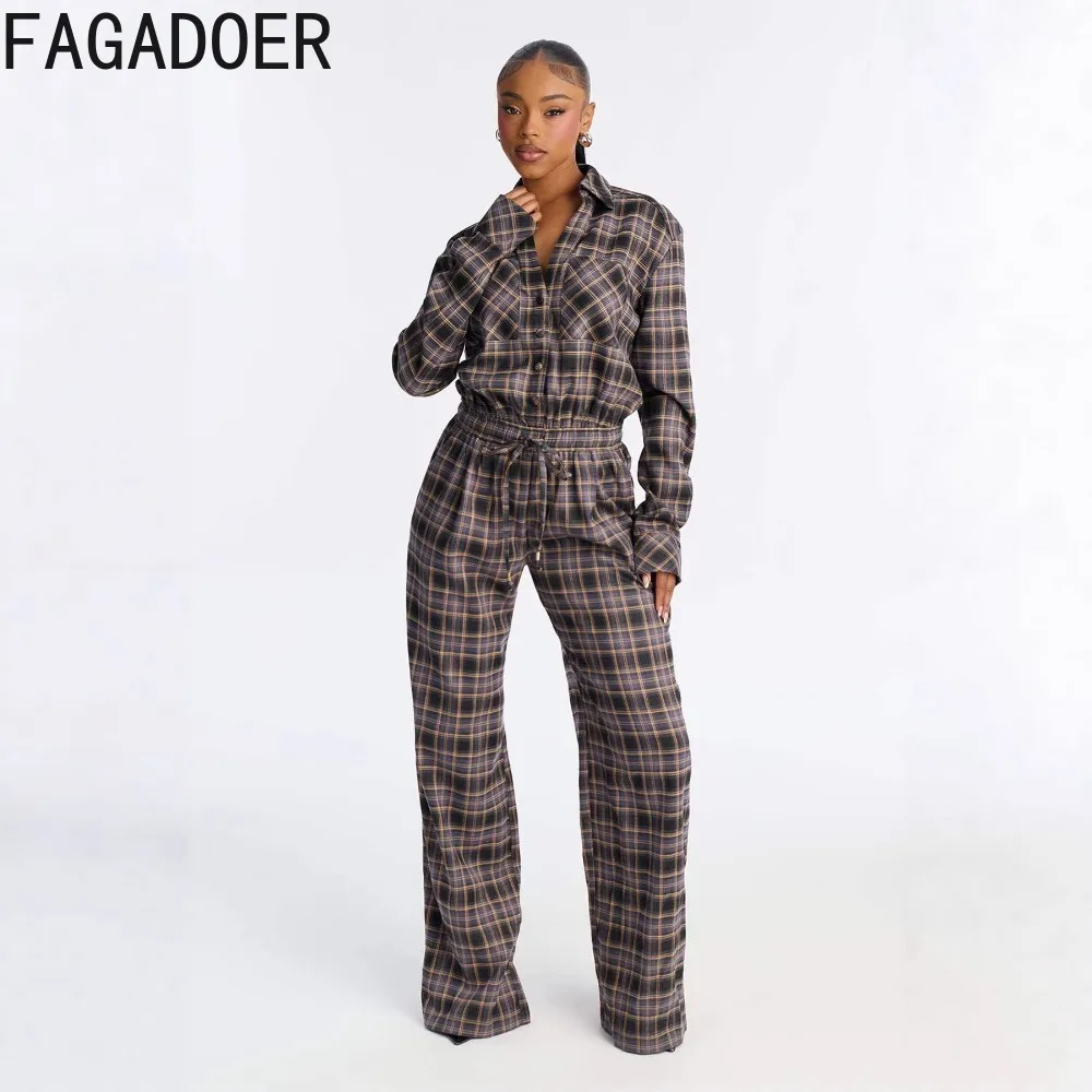 FAGADOER Fashion Checkered Print Bodycon Jumpsuits for Woman Long Sleeves Ruched Patchwork Rompers Female Streetwear Overalls