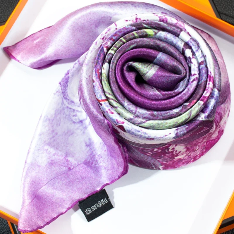 

100% Mulberry Silk Scarf 108x108cm Purple Lily Floral Print Square Headscarf Women Luxury Neck Shawl Bandana Foulard