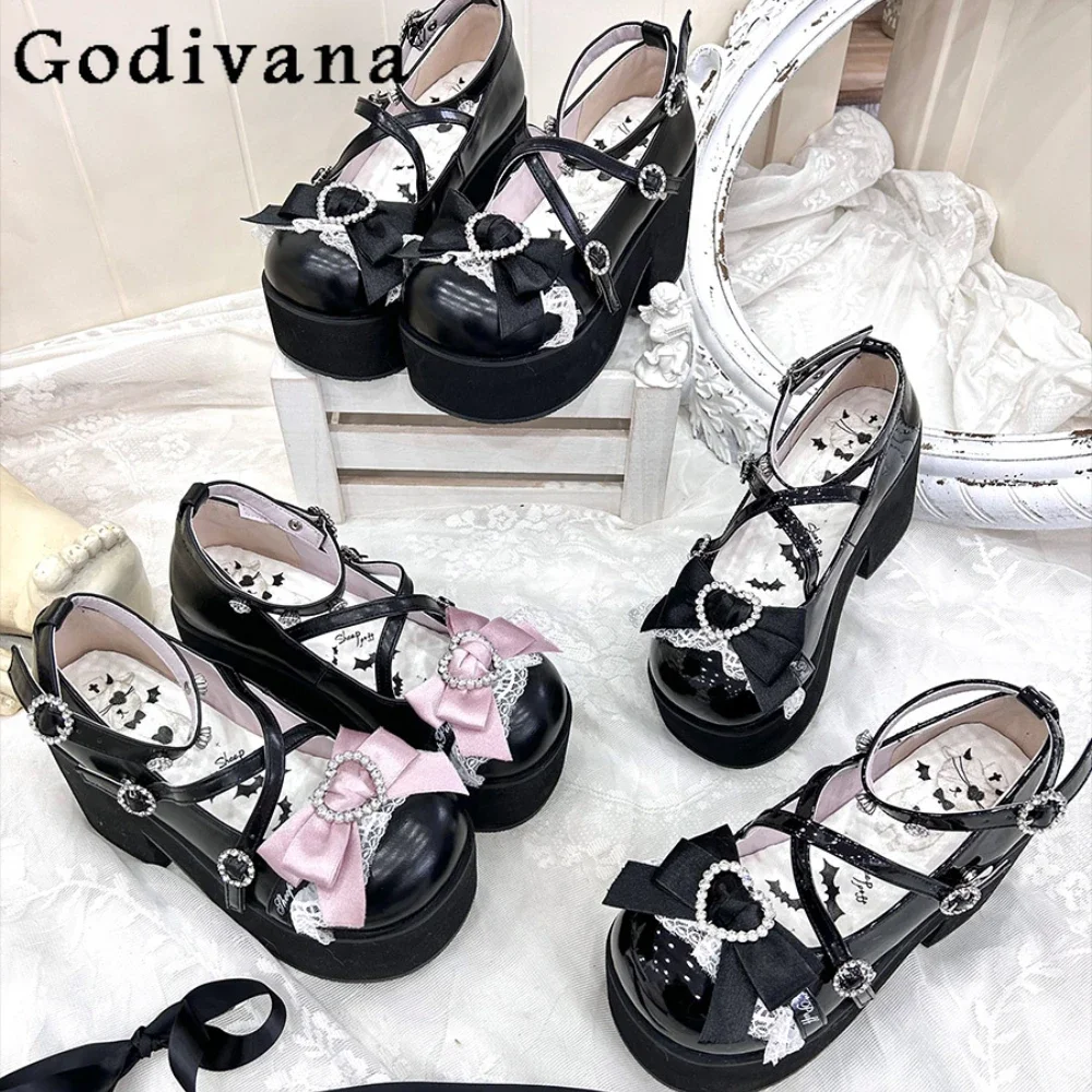 

Sweet Cute Lolita Lace Bow Women Chunky Heels Pumps Platform Shoes Kawaii Black High Heels