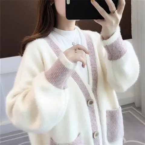 Mink Fleece Sweater Cardigan Women\'s 2024 New Spring and Autumn Thickened Loose Mid Length Knitted Coat Winter Clothes Women