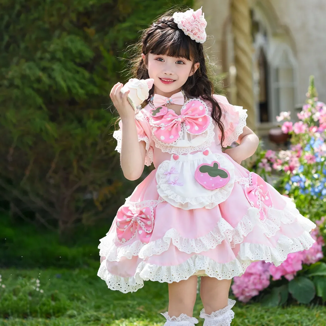 Baby Girl Summer Shiny Pink Sweet Cute Lolita Lace Princess Gauze Ball Gown Bow Lace Dress Birthday Party Eid Childen Clothing