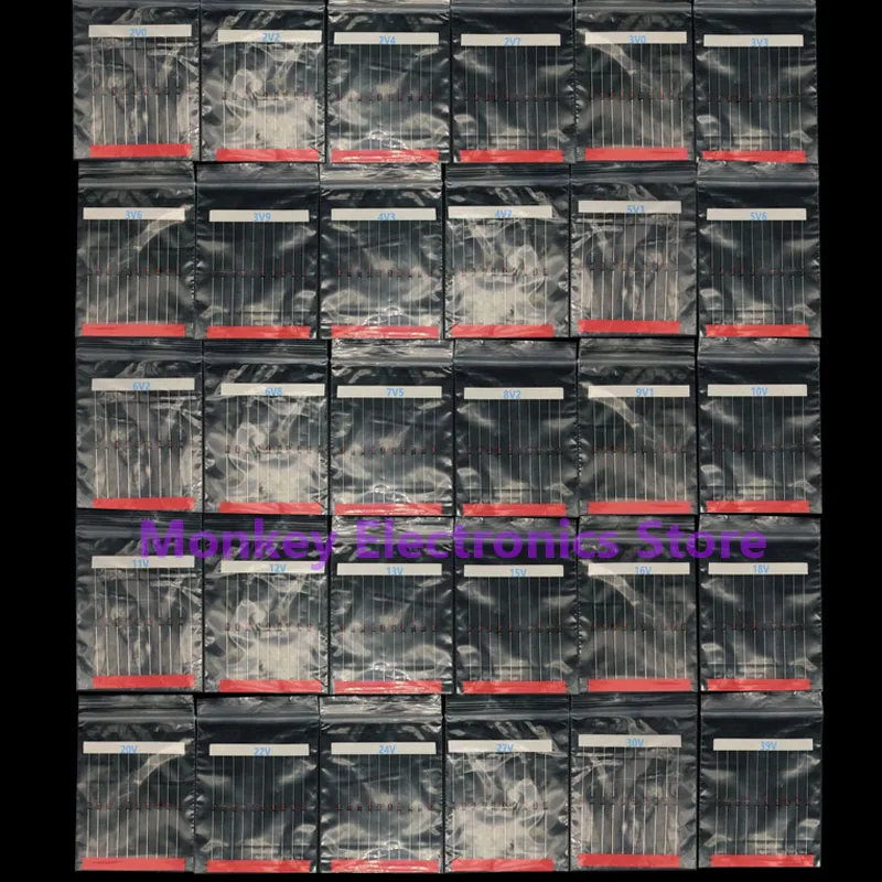 300pcs 0.5w 1/2W Voltage Regulator Diode Inline Zener Voltage Regulator Sample Box 2v0-39v 30value*10pcs