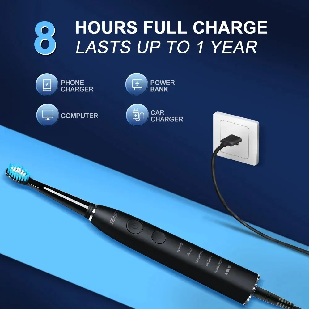 Seago Sonic Electric Toothbrush Choice Dental Care Deep Clean Teeth 360 Days Standby 5 Modes 2 Mins Timer Portable for Travel