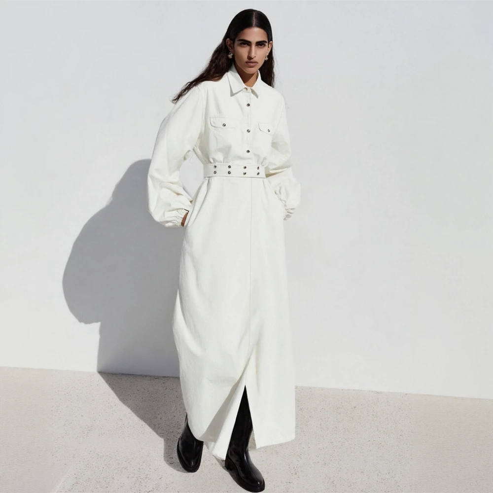 Women's Elegant Long Sleeve Shirt Collar Dress Basic Solid Color Fitted Waist Office Lady Dress