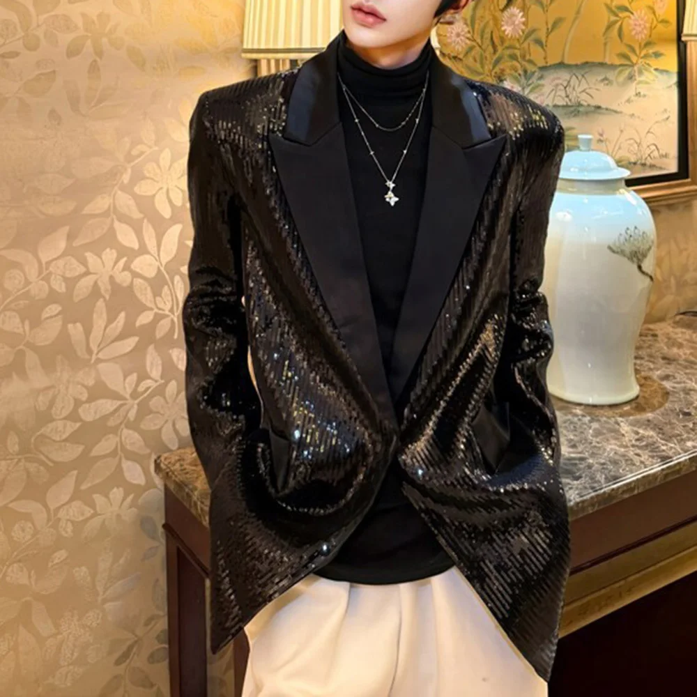 

Mens Jacket Ballroom Sequin Shoulder Pad Shirt Streetwear Fashion Nightclub Stage Performance Long Sleeve Tops Men'S Wear 2025