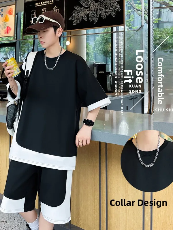 

Летний повседневный комплект из двух предметов для подростков: футболка и шорты из полиэстера, спортивный костюм для отдыха в стиле Hong Kong Sle