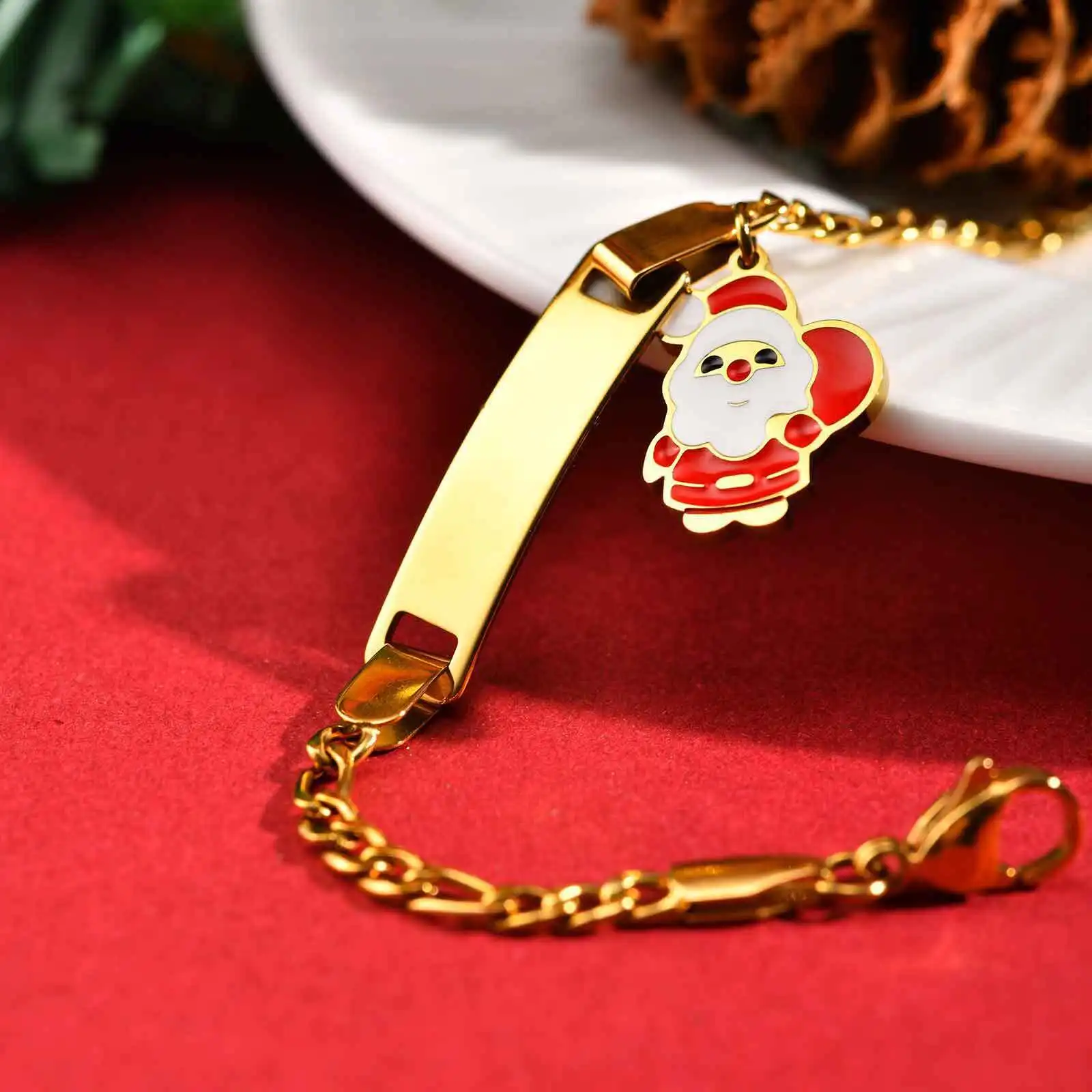 Vnox Cute Christmas Charms Free Engraving Baby Bracelet, Stainless Steel Custom Text Name Square Jewelry For Boys Girls
