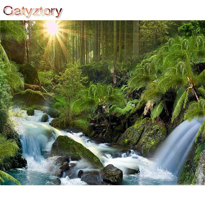 

GATYZTORY Frame Waterfall DIY Painting By Numbers Kit Landscape Acrylic Paint By Numbers On Canvas Handpainted Oil Painting Gift