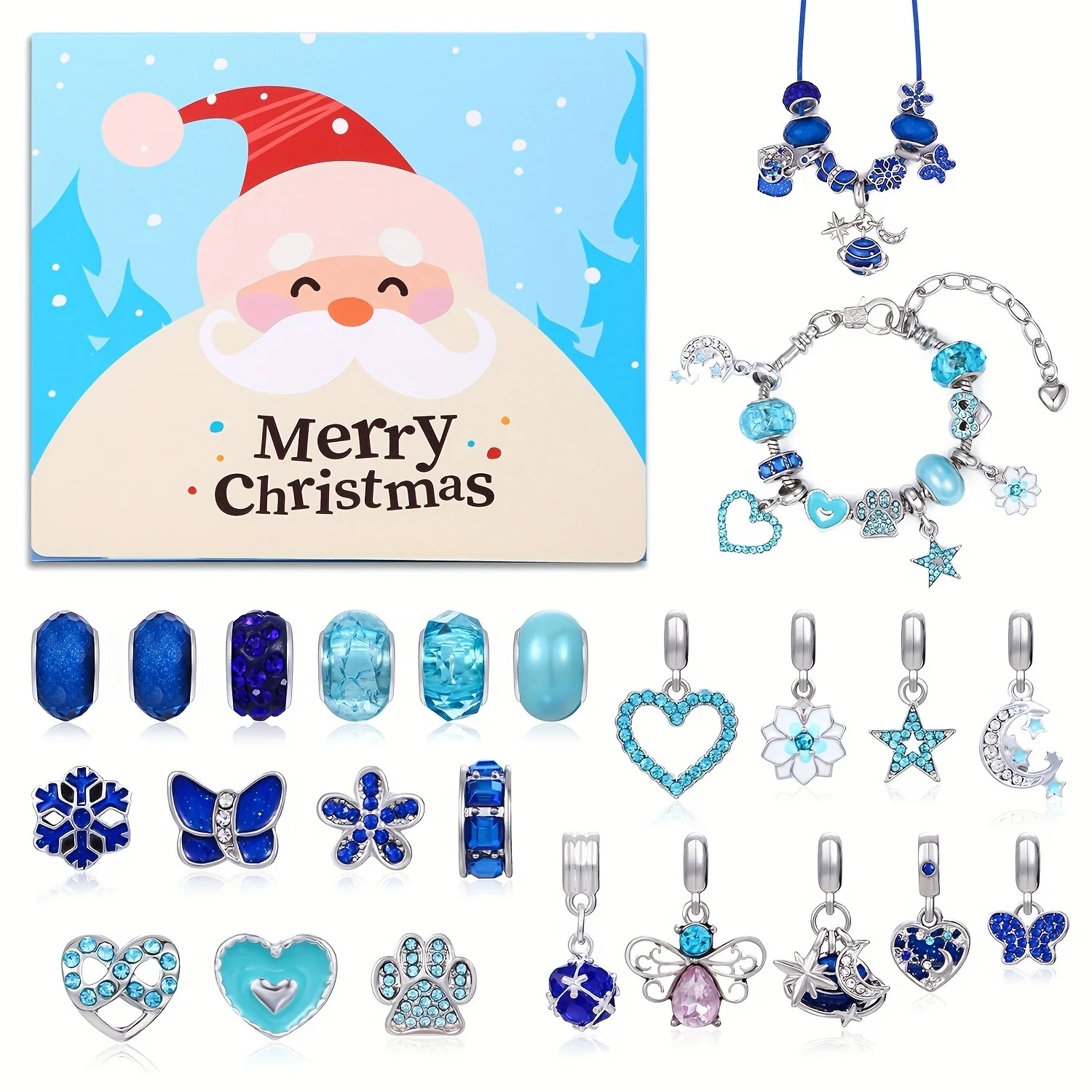 

Blue Santa Claus Series Countdown Gifts, 24 Days Christmas Day Calendar, Advent Countdown DIY Handmade Bracelet Making Kit