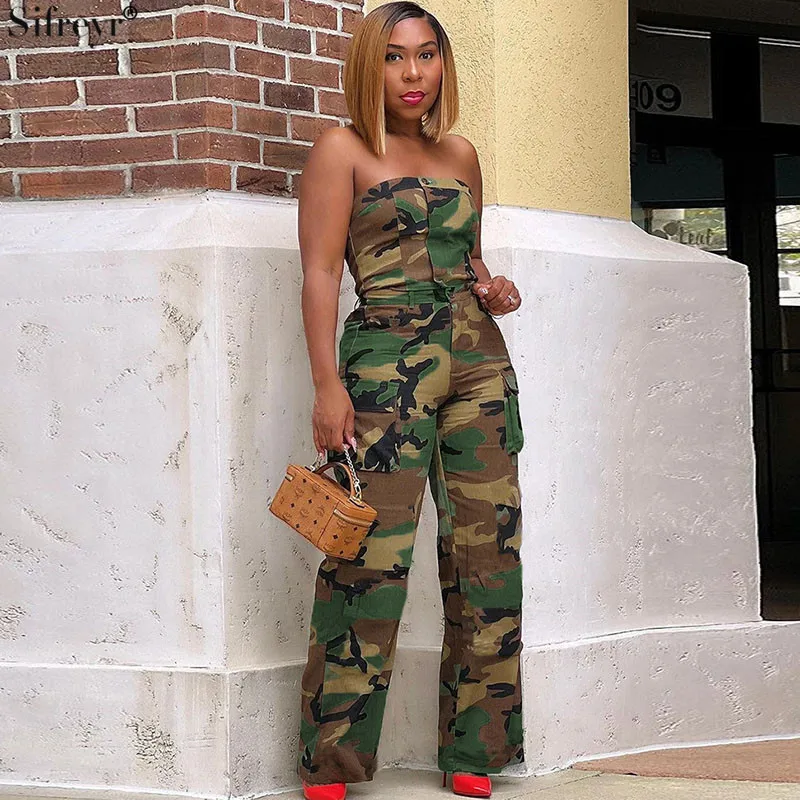 

Sifreyr Fashion Camouflage Trousers Set Wrapped Chest Backless Button Short Top Personalized Zipper High Waist Pants Suit