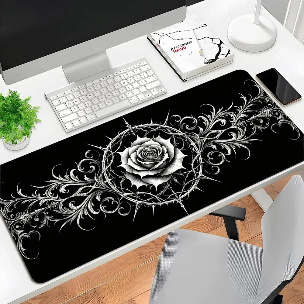 Black background silver thorn rose gothic ornament playmat dark vintage symmetrical pattern slip mat for laptop desk