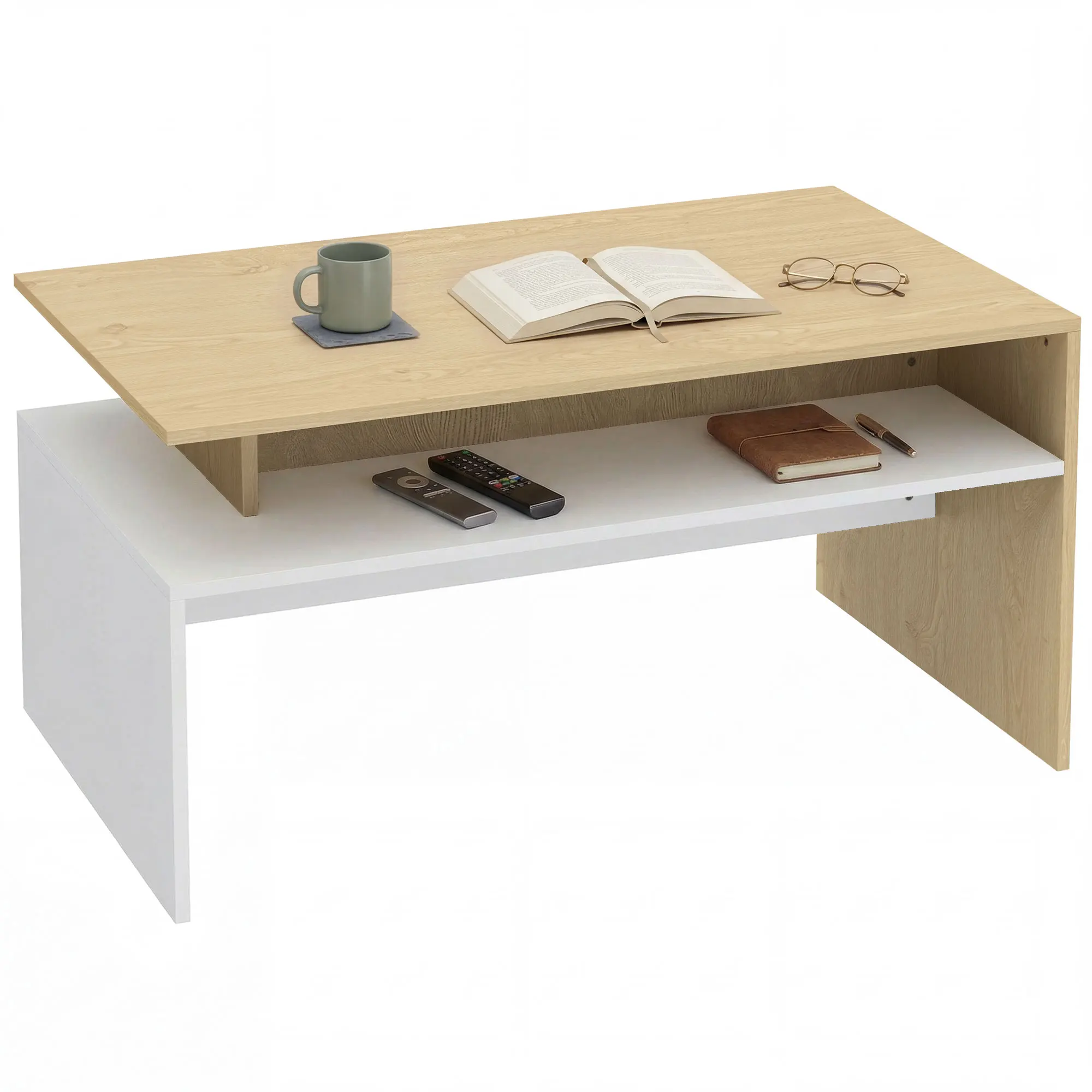 HOMCOM Mesa de Centro Moderna con Compartimento 95x55x50 cm Natural y Blanco