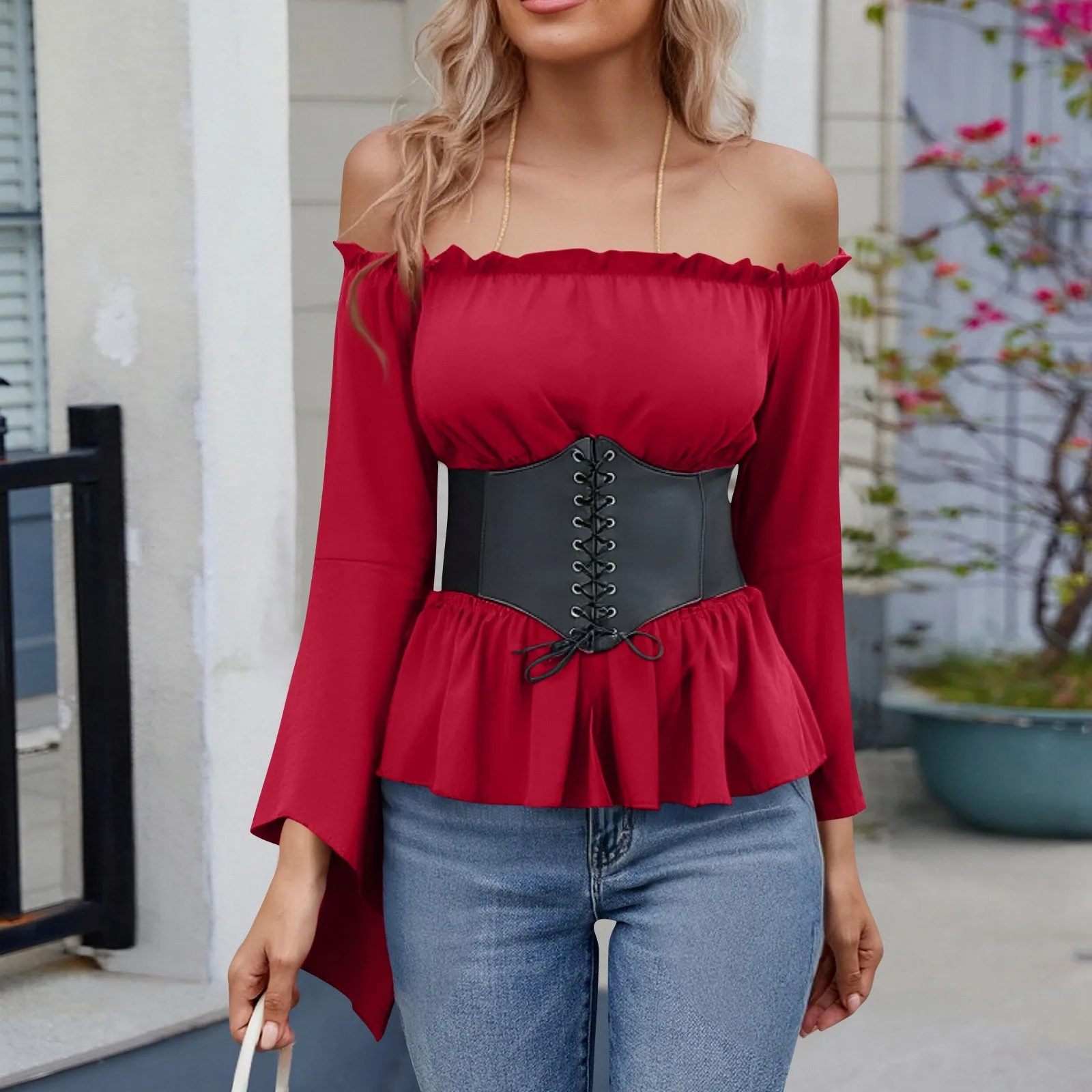 Renaissance Blouse Peasant Women Off Shoulder Sleeves Shirt Boho Steampunk Pirate Medieval Cosplay Costume Corset Top Vintage