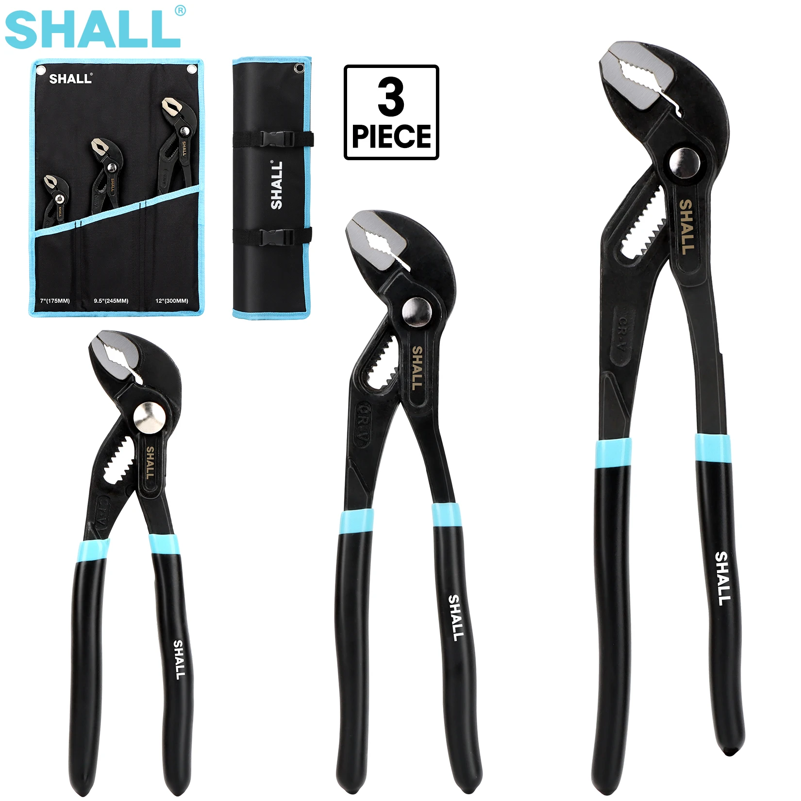 SHALL 3-Piece Groove Joint Pliers Set (175/245/300mm)Push-Lock Water Pump Pliers In Cr-v Steel Fast Adjustable Tongue with bag