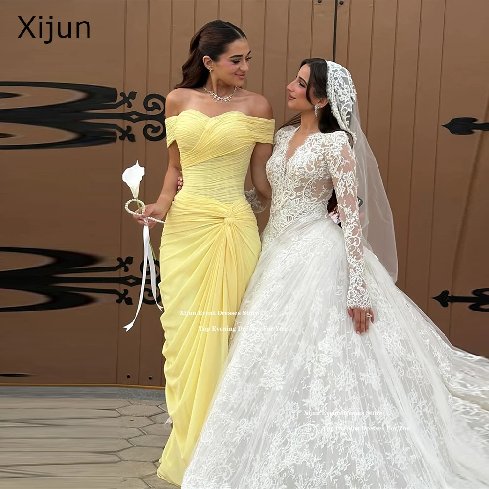 

Xijun Luxury Yellow Chiffon Evening Dresses Off The Shoulder Sweetheart Prom Dresses Split Pleated Formal Prom Gowns Customized