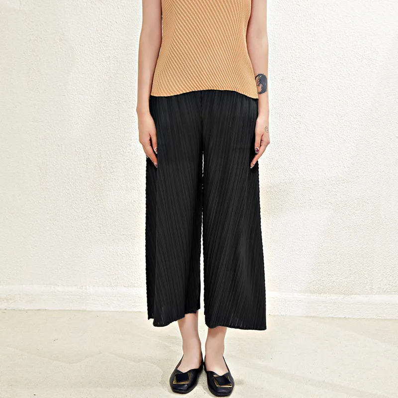

Women's Pants Summer 2023 New Casual Loose Stretch Miyake Pleated Simple High Waist Ankle-Length Straight Pant
