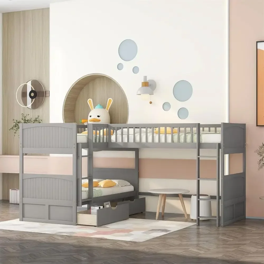 Triple Bunk Beds, L-Shaped, 3-in-1 with Desks, Twin Over Twin, Storage Solutions for Kids, Teens, Adults in Gray