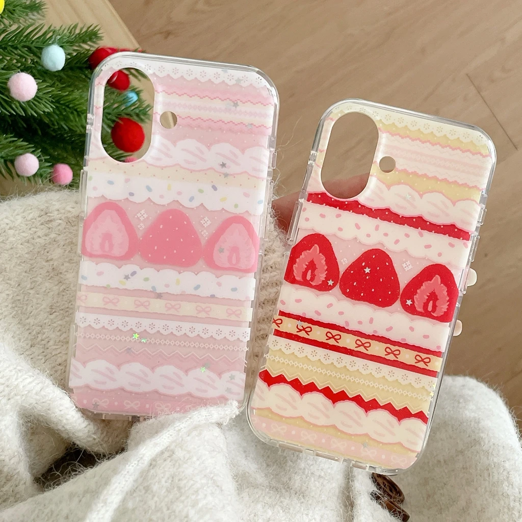 Cute Sweet Girl Series Cream Strawberry Cake Lace Bowknot Shockproof Protective Phone Cover Case for iPhone 17 16 15 14 Pro Max