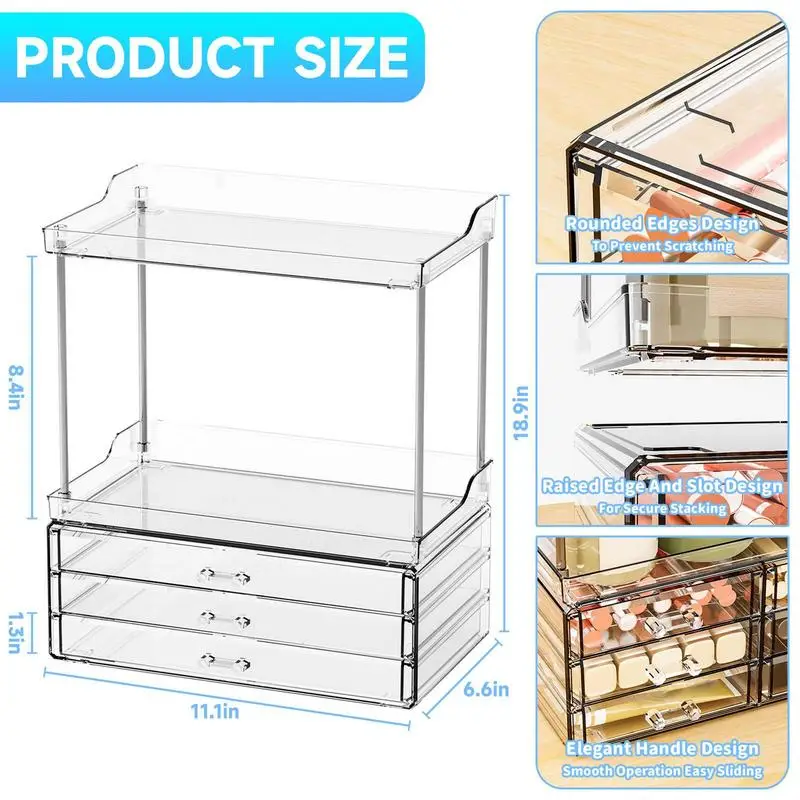 Organizador de maquillaje, bandeja de almacenamiento de 2 niveles con cajones, soporte de belleza multiusos, organizador de artículos de tocador para tocador de baño