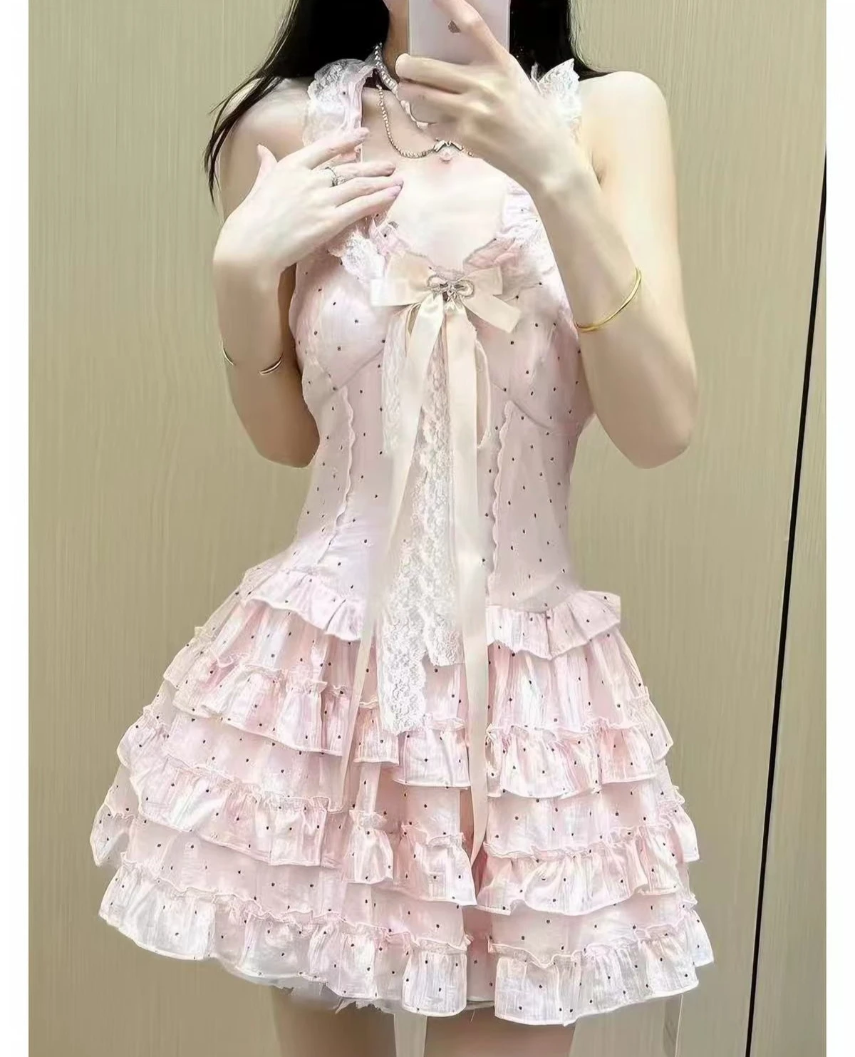 Sexy Schlankes Spitzen-Minikleid Damen Sommer Französisch Elegantes Party-Outfit Neckholder Gepunktetes Süßes Schleifenkleid im Lolita-Stil