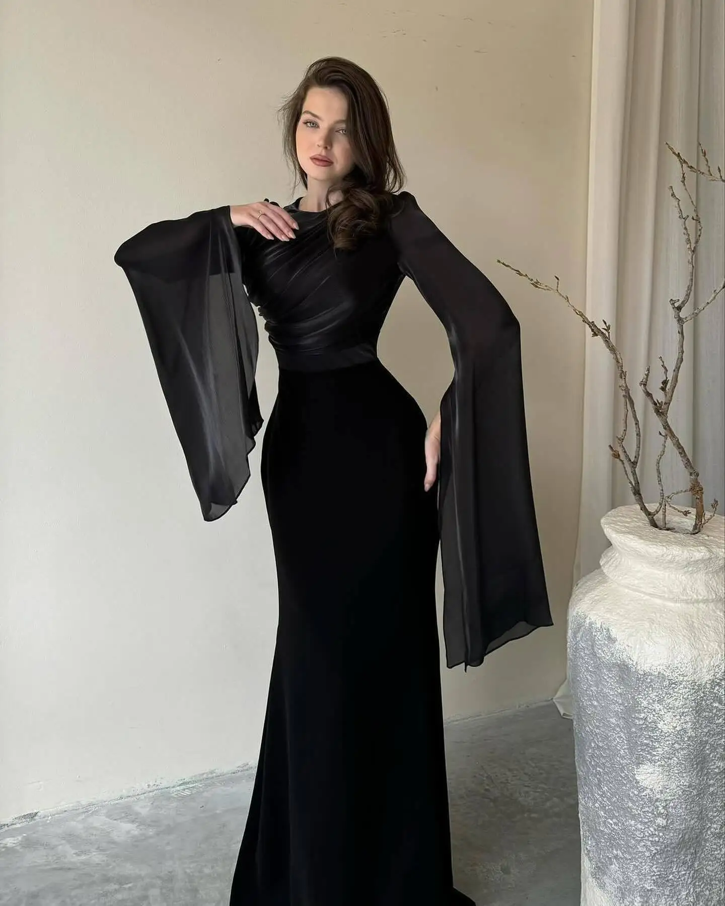 

Sexy Slim Dress Spring Autumn Solid Color Temperament Fashion Light Long Sleeve High Waist Bat Sleeve Round Neck Evening Dress