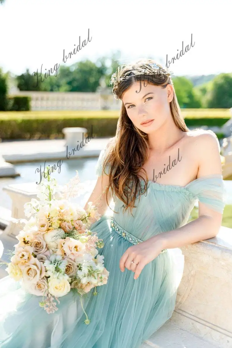 ウェディングドレス オフショルダー ブライダルドレス パステルミント フルチュール ドレープコルセット付きイブニングボールガウン ウェディングドレス バックレス