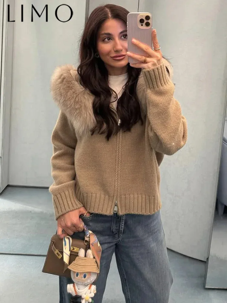 

Tossy Winter Female Sweater Hoodie Cardigan Fluffy Zipper Patchwork Long Sleeve Ribbed Solid Knit Jacket Coat Women's Cardigan