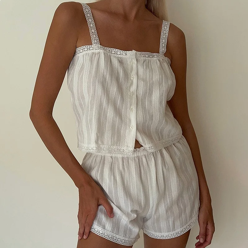 Summer new Elegant Jacquard Weave Shorts Suits Pajamas Cotton Ruffles White Sleepwear Home Spaghetti Strap Vest Casual Sets