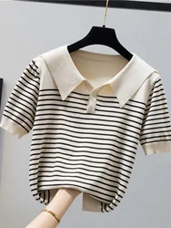 Striped Knitted T Shirt Women Summer Short Sleeve Turn-Down Collar Tee Femme Korean Loose All-Matched Top  2024 New Knit Shirt