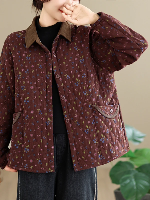 Retro Floral Cotton Linen Blend Women's Jacket Lightweight Warm Slimming Short Coat Flip Collar Button up Casual Winter Outer...