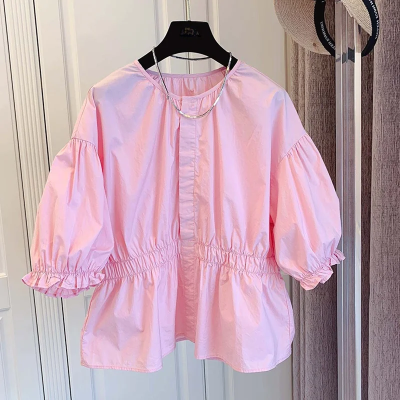 

Pink Pleated Bubble Sve irt Women's Loose Doll Sle Top Brand Button round Ne ort Sve Korean Version Commute Pur...