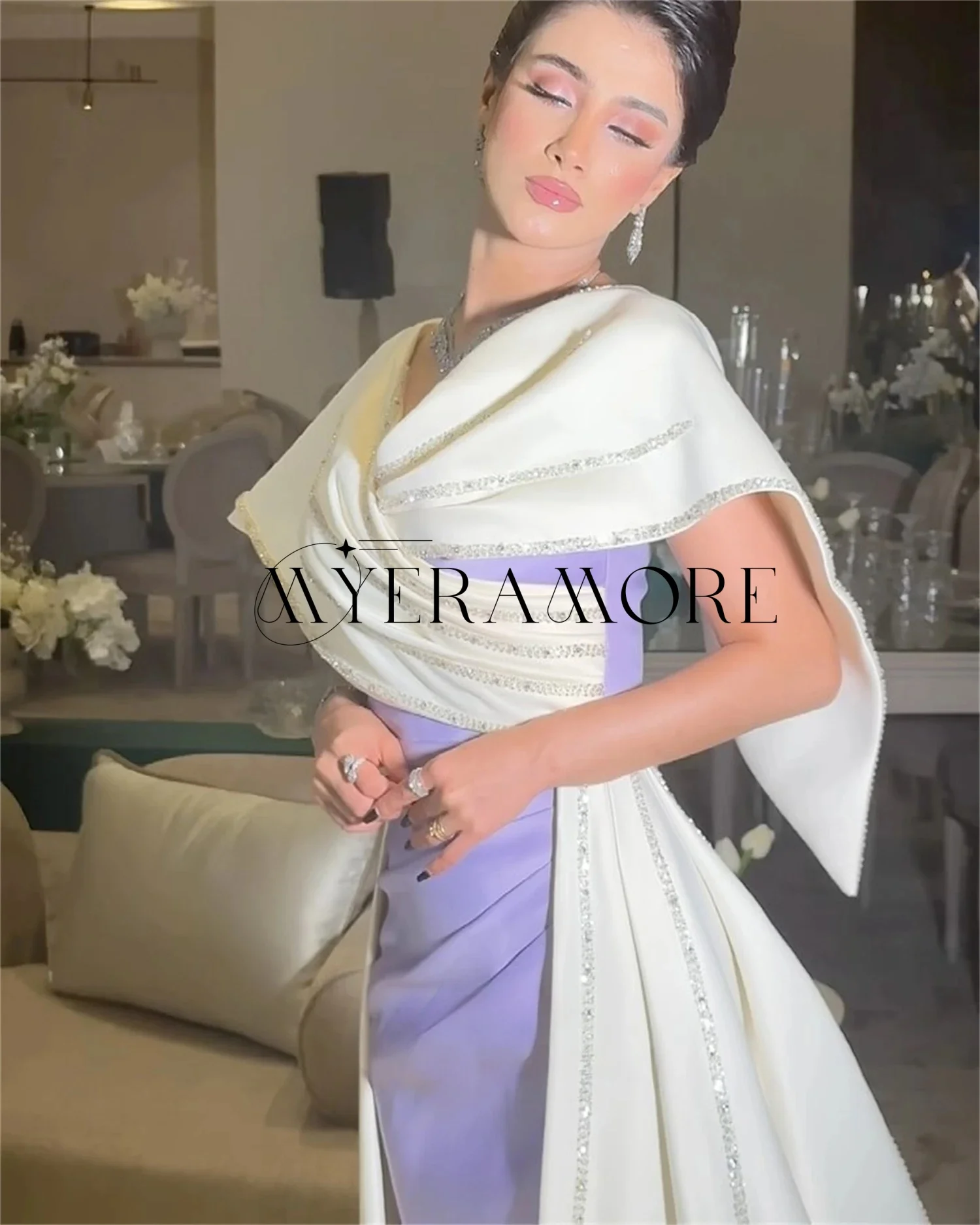 مزاجه الخامس الرقبة فساتين السهرة التباين اللون مطرز قطار المحكمة الطية فساتين لحضور الحفلات الموسيقية مخصصة الجلباب دي سواريه