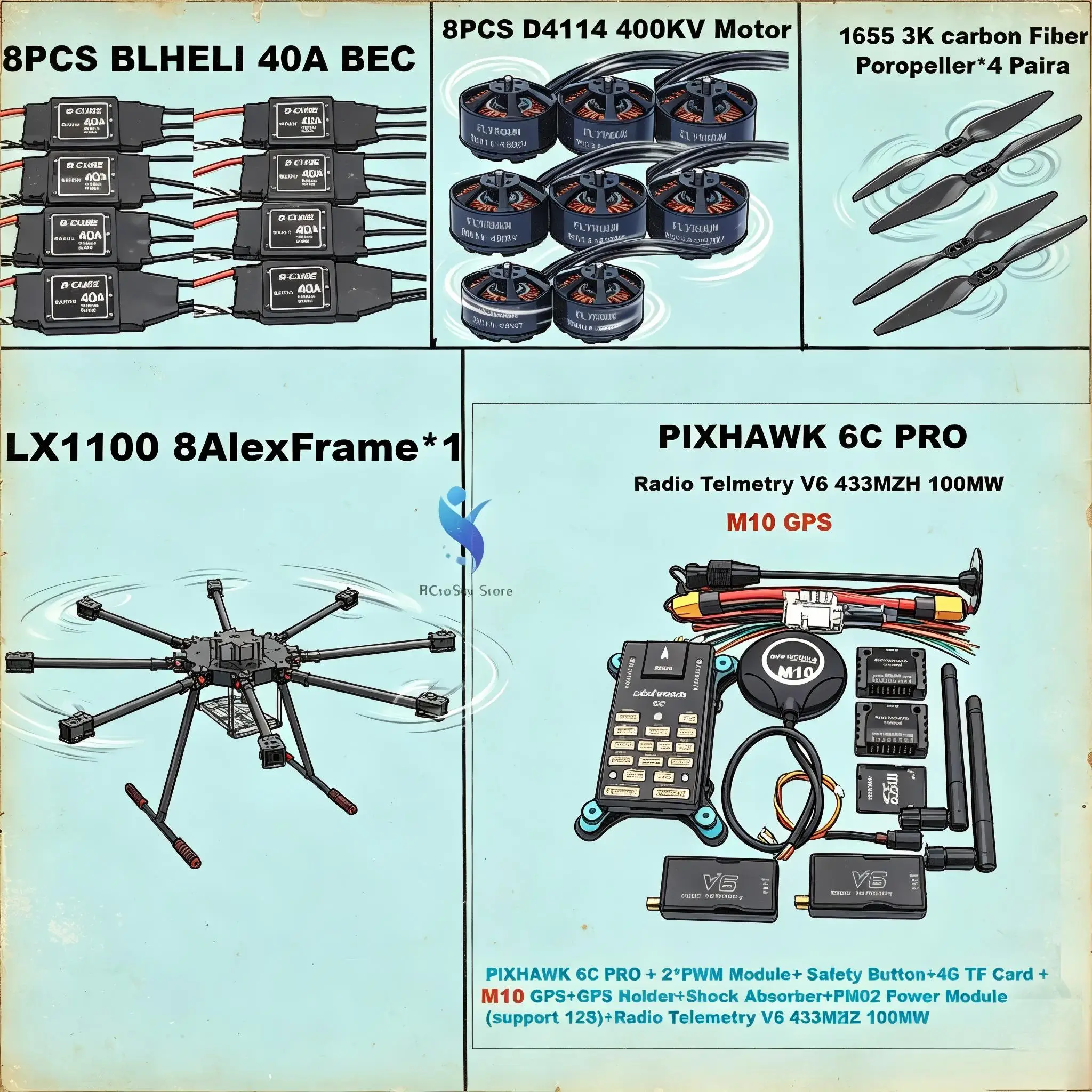 Angeltoy LX1100 Full Carbon Fiber 1100mm Octa-Rotor Frame 6C PRO M8N/M9N/M10 Flight Comtrol Set BLHELI 40A ESC D4114 Motor