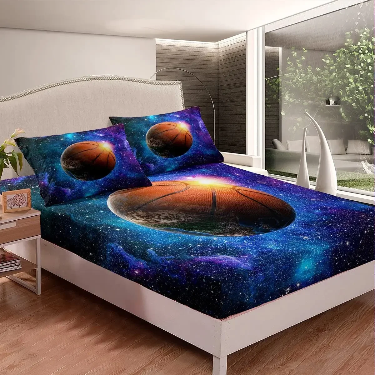 Galaxy Fitted Sheet Set Full Size Starry Sky Basketball Fitted Sheet Ball Sports Theme Soft Microfiber for Boys Girls Teenager