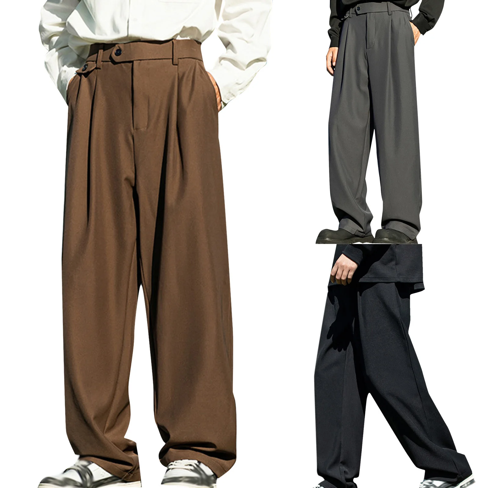 

Mens Casual Pants Pleated Loose Fit Dress Pants Elastic Waist Slacks Trousers