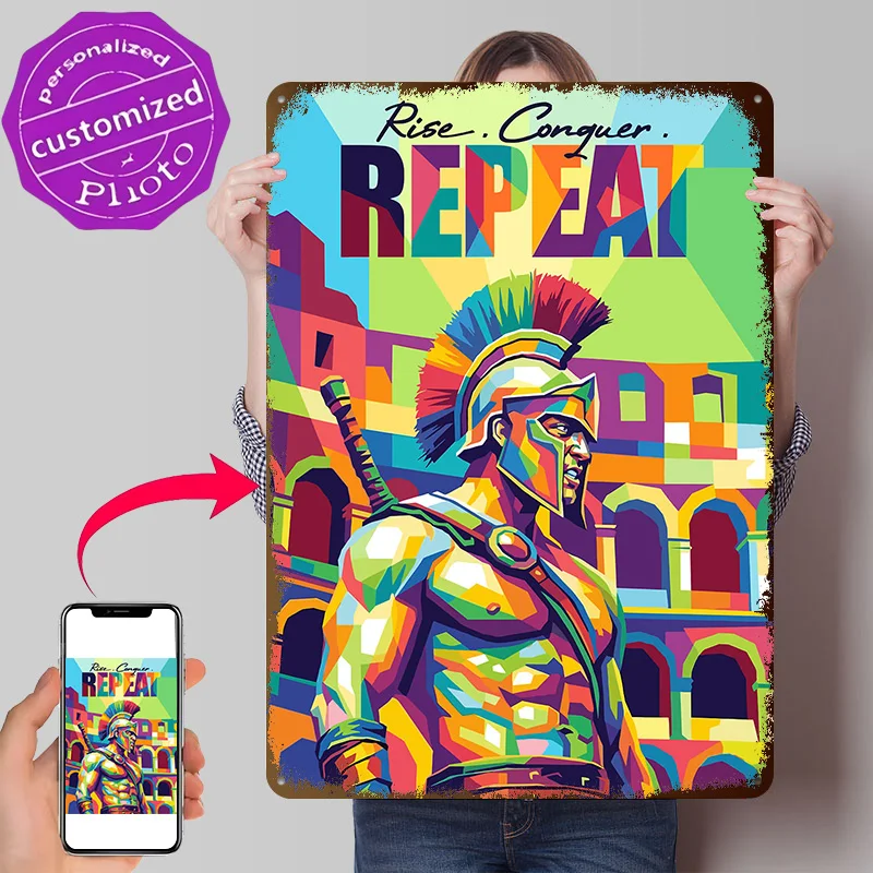 Gladiator With Roman Colosseum Background 3D Texture Metal Poster Customized Wall Art Tin Sign Gift for Mancave House Decor Room