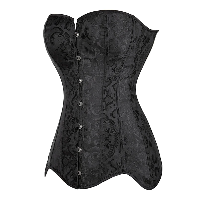 

Women Long Steampunk Overbust Corset Top Steel Boned Black White Floral Gothic Waist Trainer Bustier Top Corselet