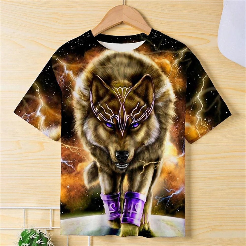 Camiseta divertida Retro para niños, camisetas informales con estampado 3d de lobo y Animal para niños y niñas, camisetas de regalo de cumpleaños, ropa para bebés