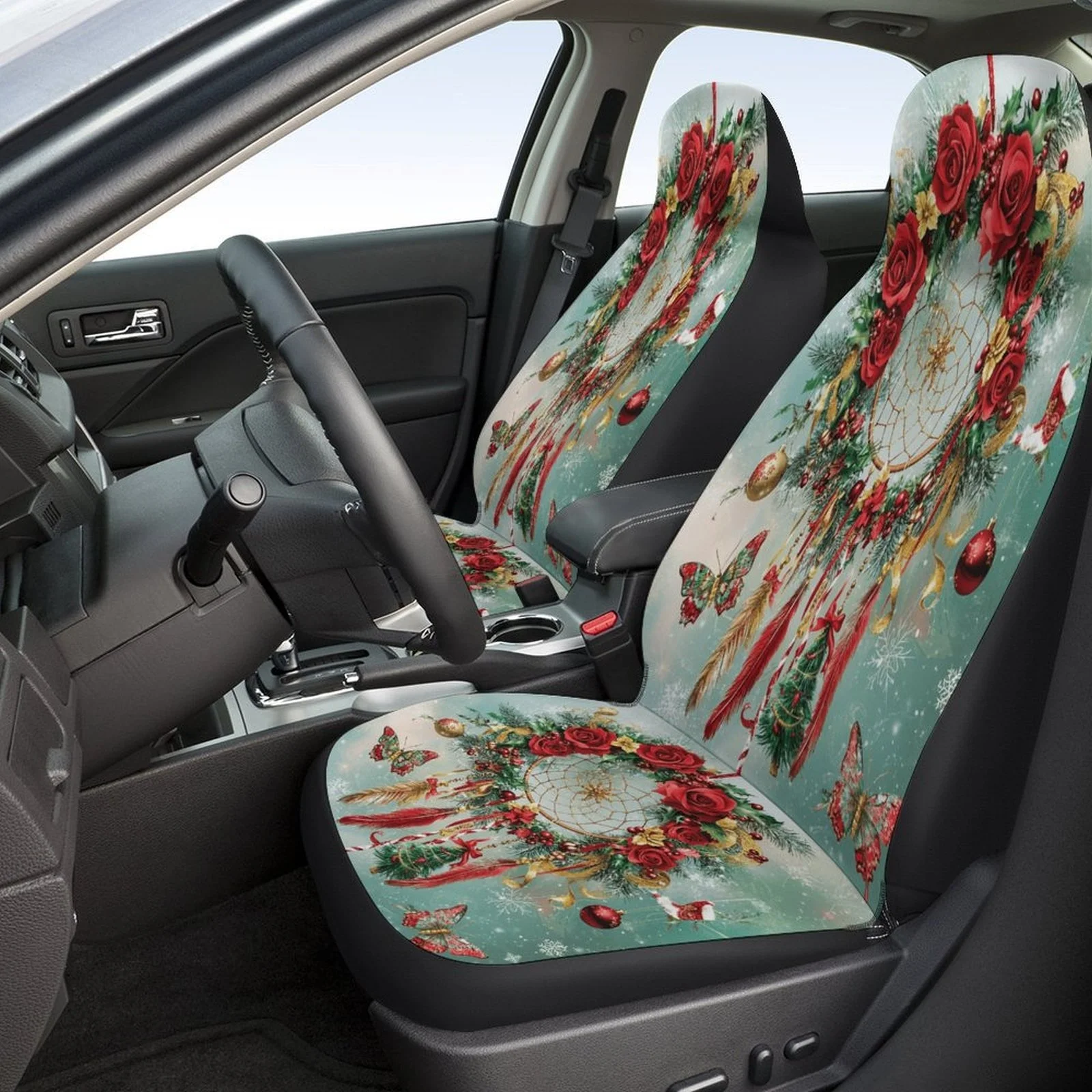 Christmas Dreamcatcher Wreath Themed Car Seat Cover Set For Most Cars, Trendy High-quality Car Seat Protector Covers Full Set, U