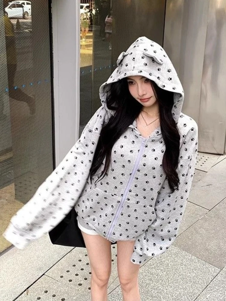 

American Vintage Cute Print Women 2 Piece Set Design Ear Hooded Zipper Sweatshirt + Shorts Casual Loose Fashion Korea Outfit New