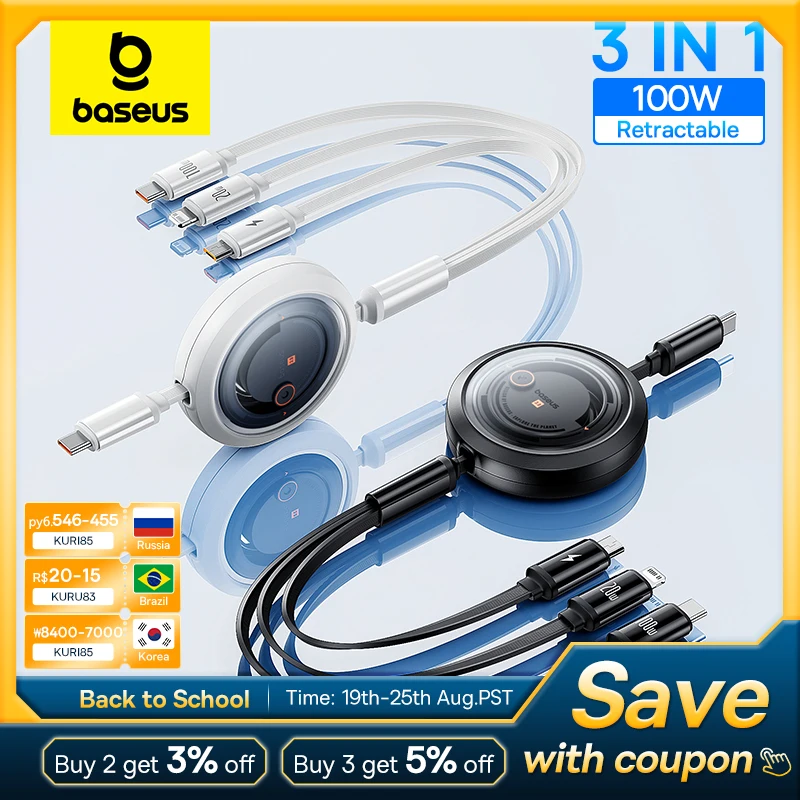 

Baseus Выдвижной 100 Вт 3 в 1 быстрый USB-кабель для Macbook iPad Портативный зарядный кабель 3 в 1 Micro Type C для iPhone Samsung