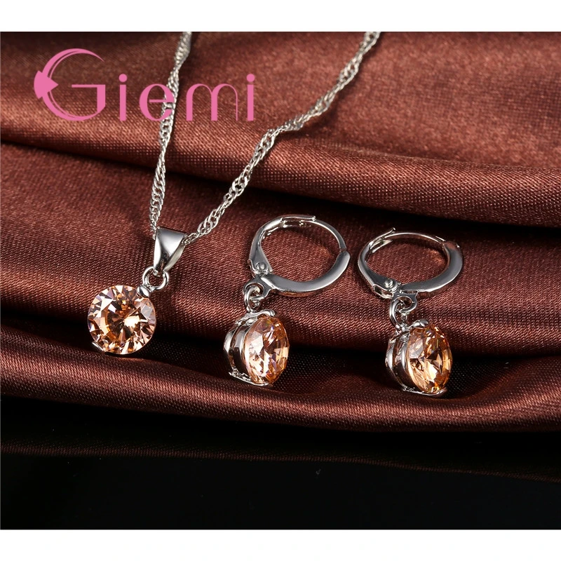 Hot Sell Popular Classic Round 925 Silver Wedding Engagement Jewelry Sets For Women Pendant Necklace Hoop Earring