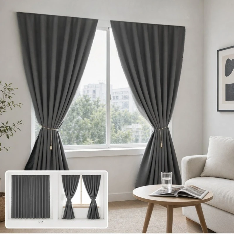 1pc Room Divider Heat Insulation Grey 100% Blackout Curtains for Living Dining Room Bedroom Thermal Lining Window Decor Fabric