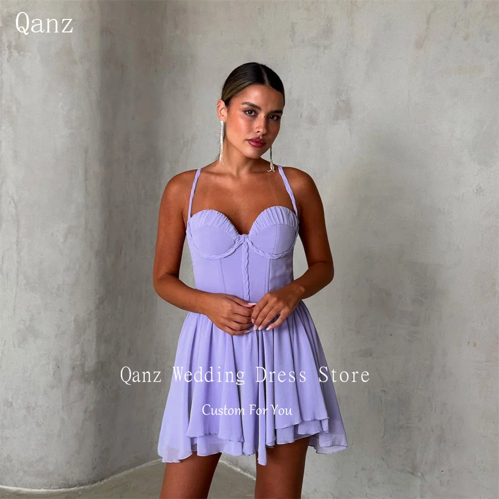 

Qanz Lavender Chiffon Prom Dresses Spaghetti Straps Short A Line Party Gown Lace Up back Mini Vestidos De Noche Customized
