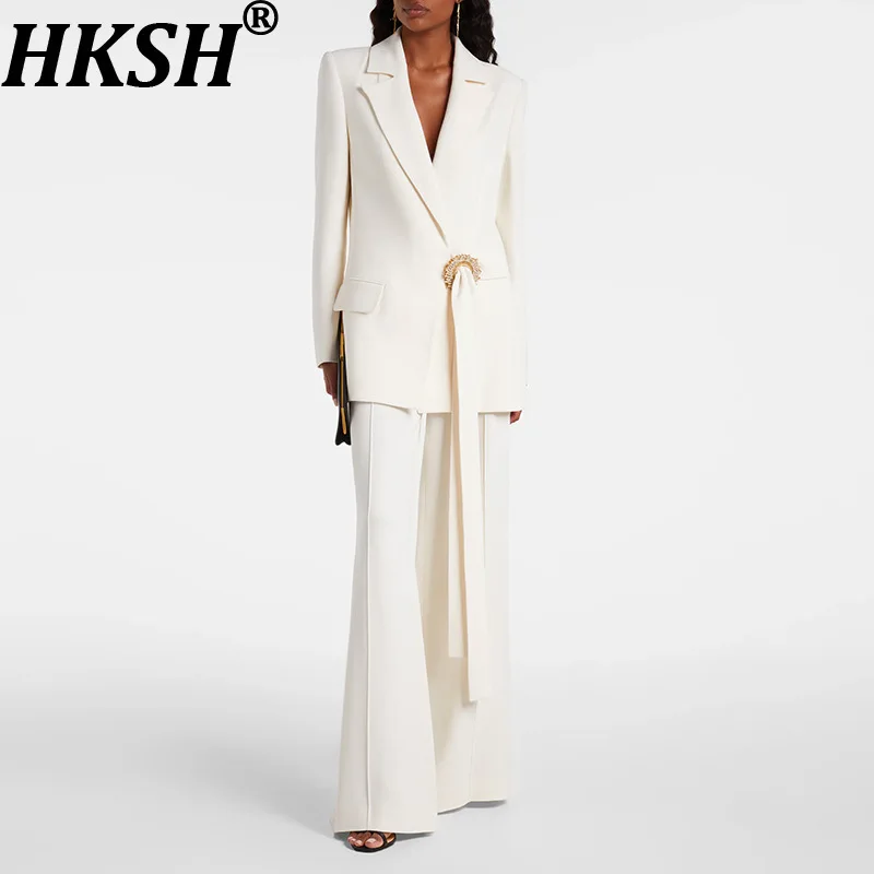 HKSH 2026 Spring New Women Two-piece Set Suit Asymmetric Belted Blazer Elegant Coat Solid Color Flare Pants High-end Ins HK18561