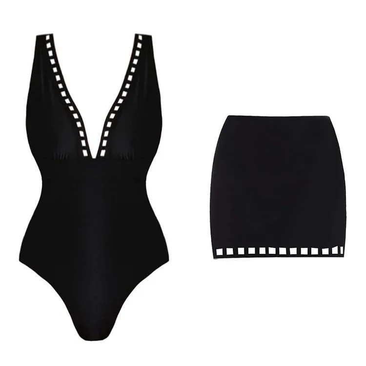 

2025 New Fashion Brazilian Style Swimsuit New V-neck Sexy Hollow Spice Girl Style One-piece Swimsuit Short Skirt Two-piece Set