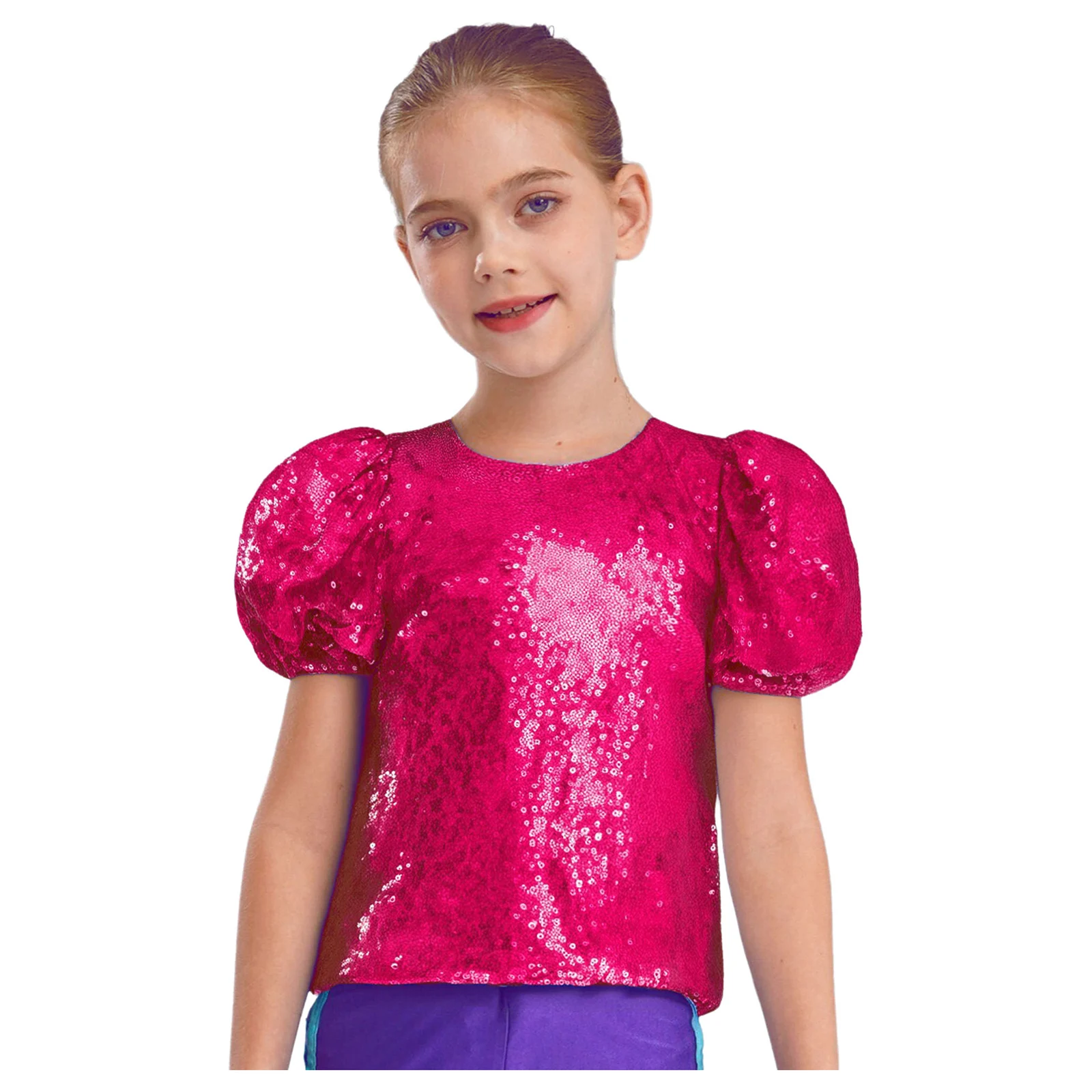 

Kids Girls Ballroom Disco Jazz Dance Top Puff Sleeves Shiny Sequins Shirt Top for Cheerleading Performance Competition Dancewear