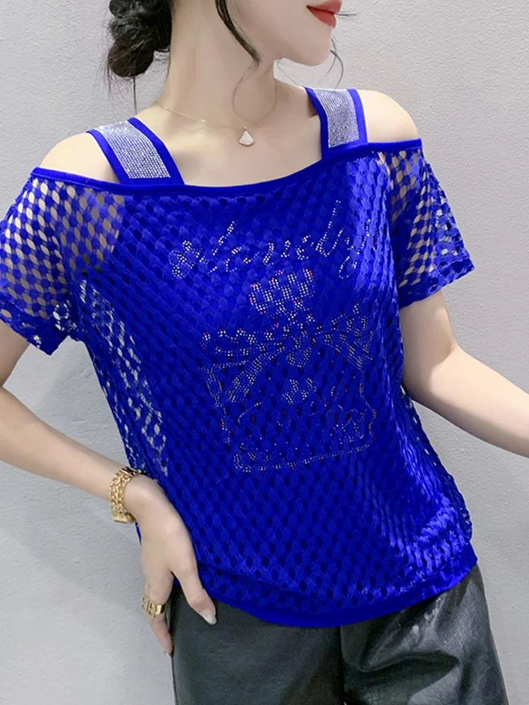 

Lace Splice ort Sve T-irt Women's Design Sensual One-oulder Loose Top Commute Korean Sle Summer Hollow out Stitch